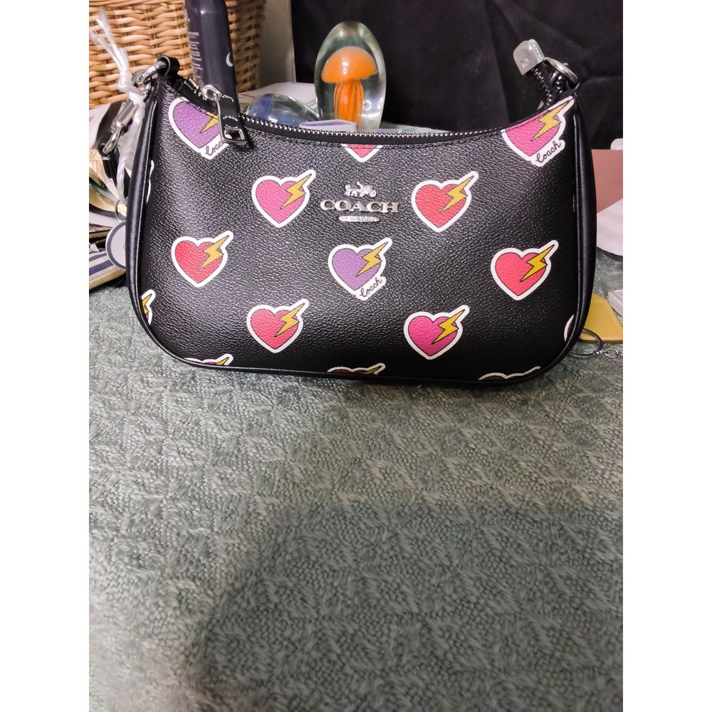61. Coach Nolita 19 Crossbody Bag Black Leather Heart Lightning Bolt Print C7222